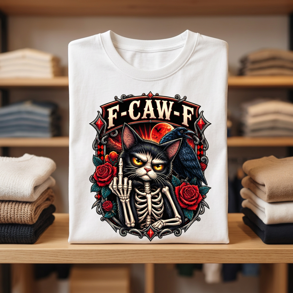 Folded white F-CAW-F skeleton cat graphic tee displayed on a boutique shelf