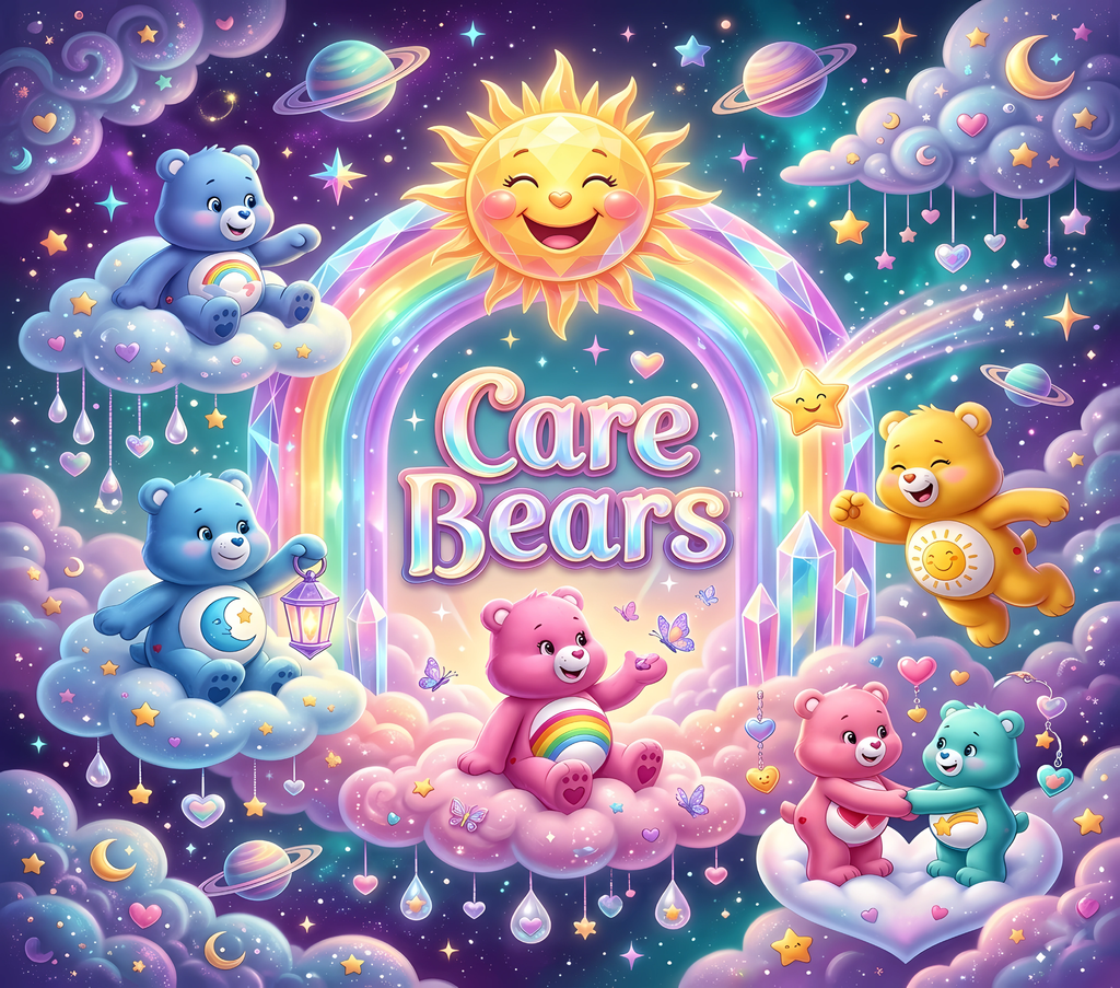Colorful Care Bears artwork with rainbow, smiling sun, clouds, stars, and planets