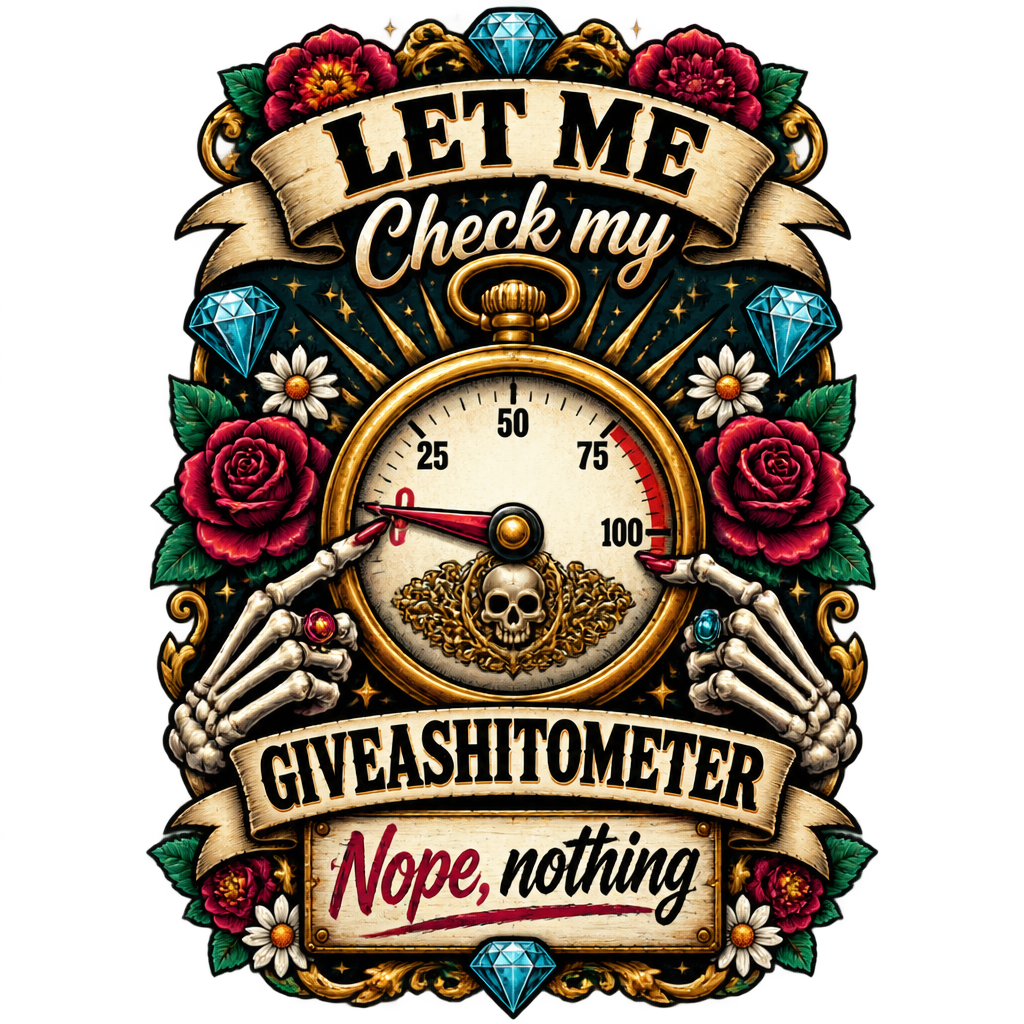 Let Me Check My Giveashitometer Nope Nothing artwork with gold gauge, skeleton hands, and red roses