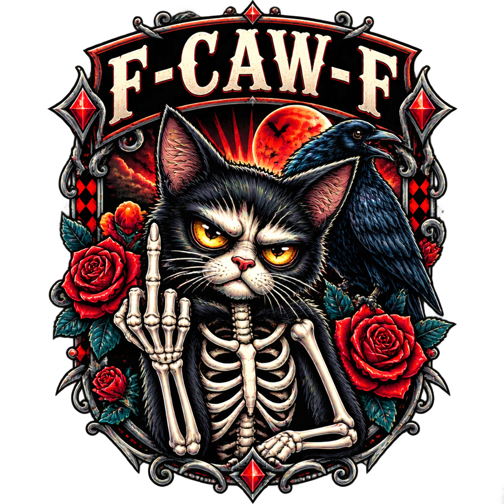 F-CAW-F artwork featuring a grumpy skeleton cat, raised skeletal middle finger, raven, red moon, and roses