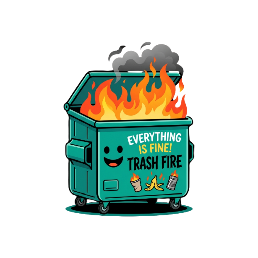 Smiling teal dumpster in flames with Everything Is Fine Trash Fire lettering