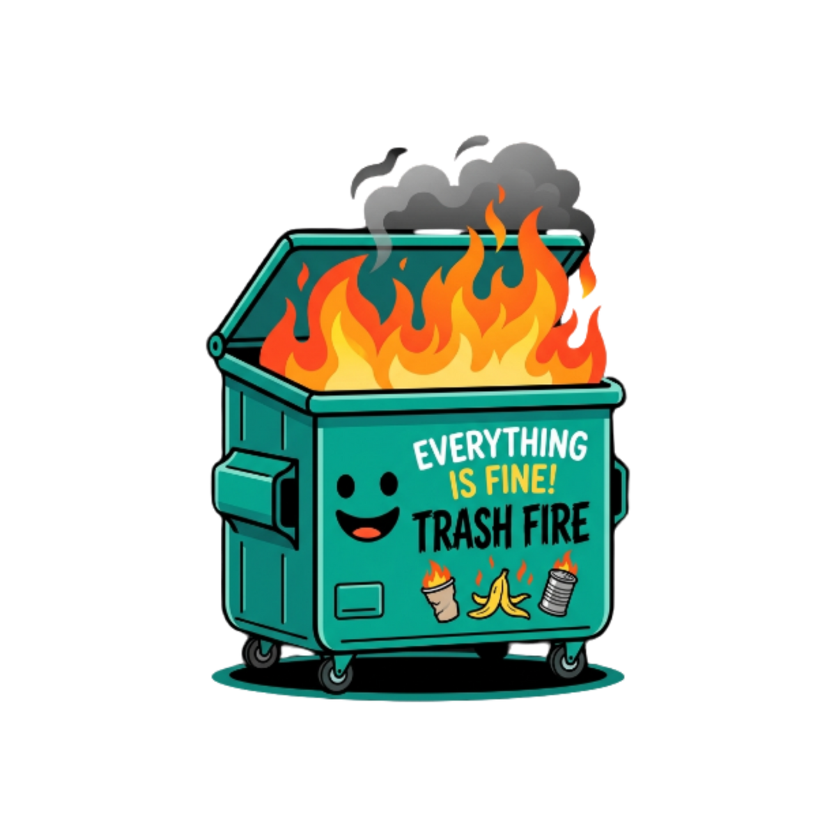 Smiling teal dumpster in flames with Everything Is Fine Trash Fire lettering