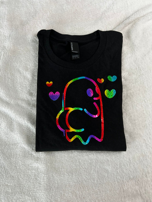 Boo-tiful Vibes Rainbow Ghost & Hearts Graphic Tee – Black
