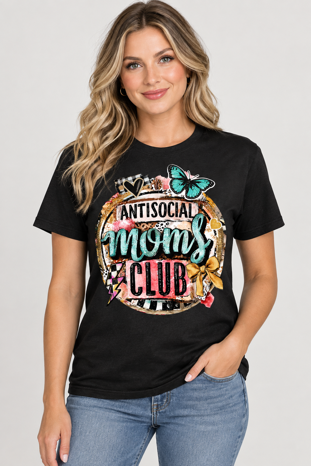 Antisocial Moms Club Graphic Tee – Butterfly & Bow Design