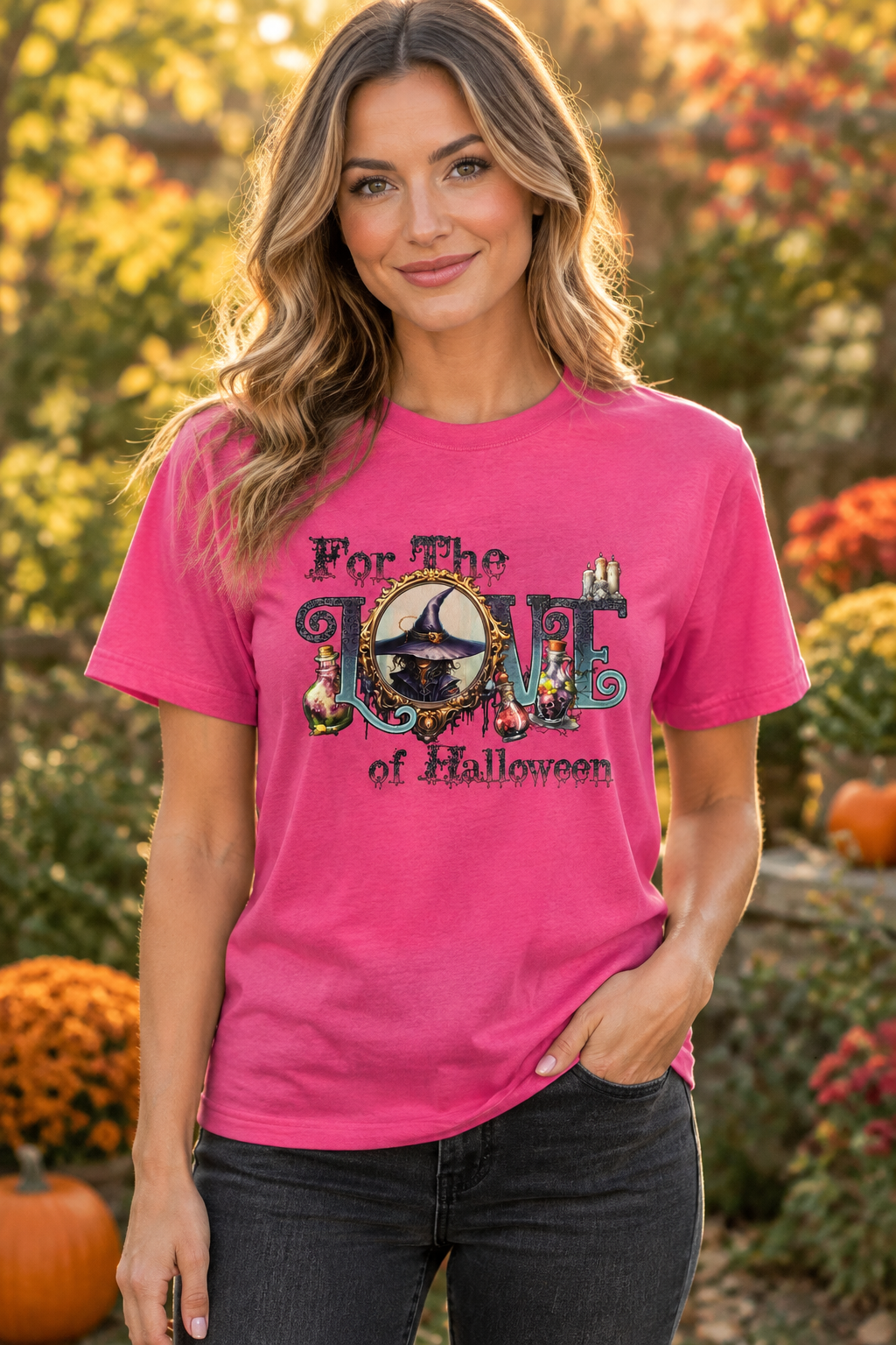 For the Love of Halloween Pink Witch Graphic Tee