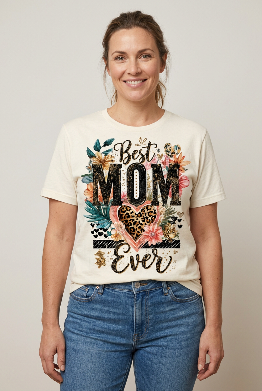 Model wearing the Best Mom Ever graphic tee