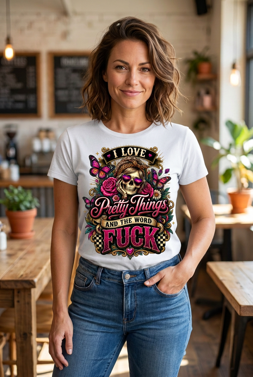Model wearing a white I Love Pretty Things and the Word Fuck graphic tee