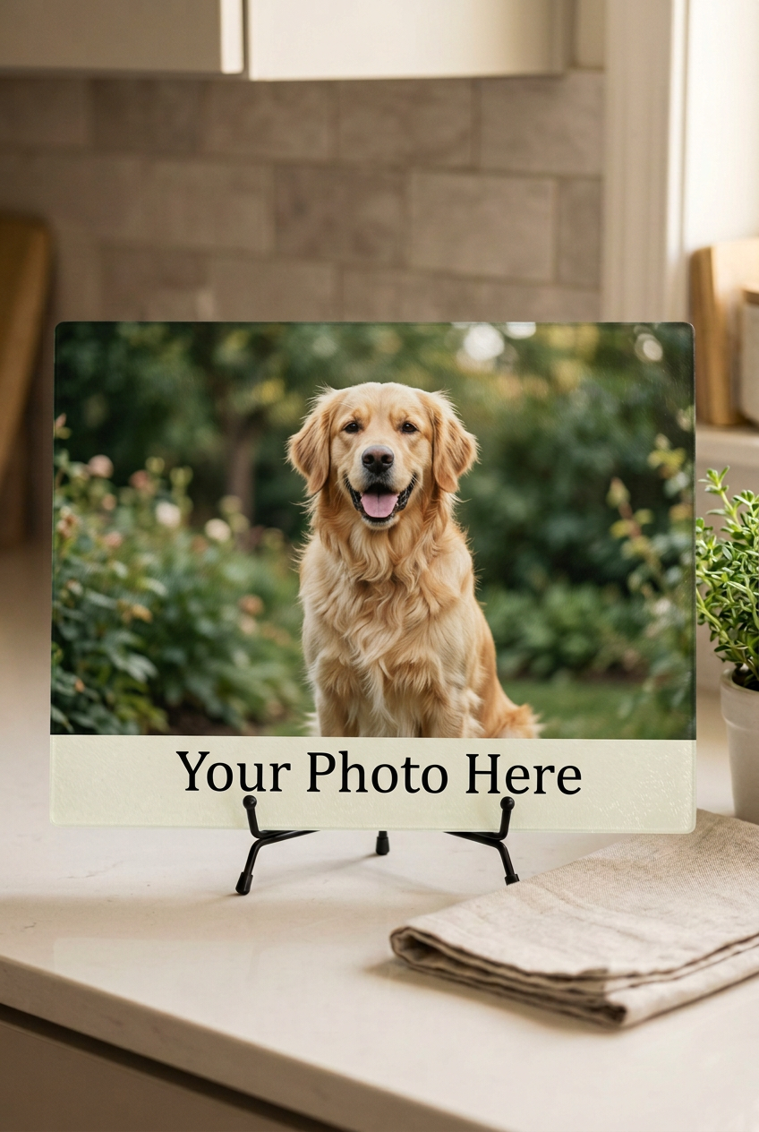 Custom photo glass cutting board mockup featuring a golden retriever and Your Photo Here text in a warm kitchen setting