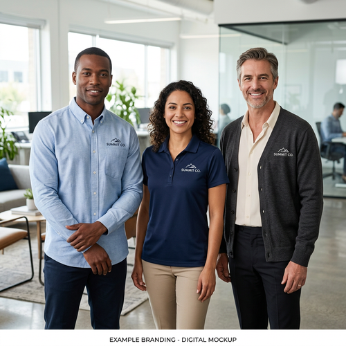 Digital concept mockup of three office professionals in a branded button-down shirt, polo, and cardigan with fictional Summit Co. logos.