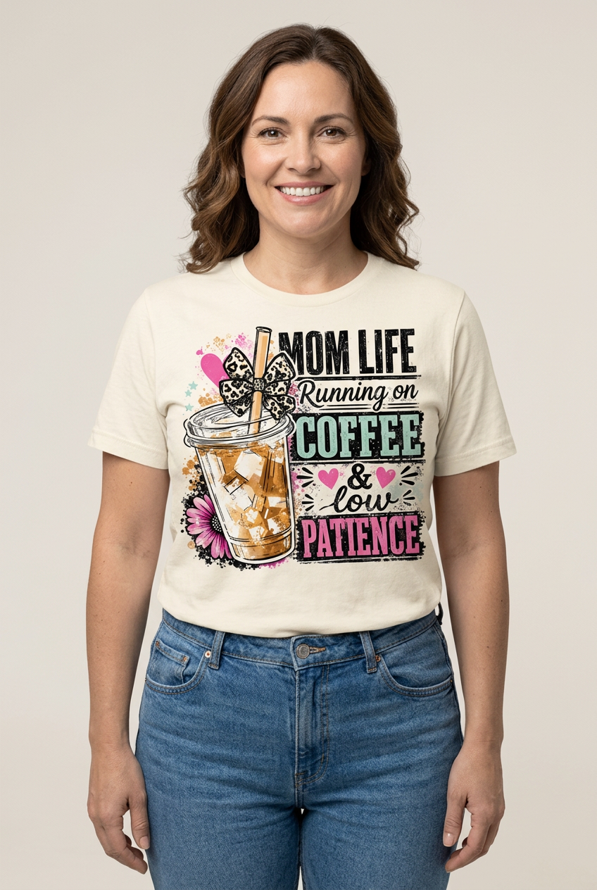Model wearing the Mom Life Coffee and Low Patience graphic tee