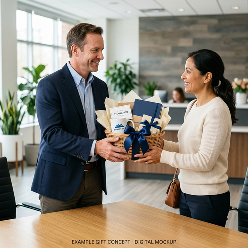 Illustrative digital mockup of a businessman presenting a branded customer-appreciation gift basket in an office.