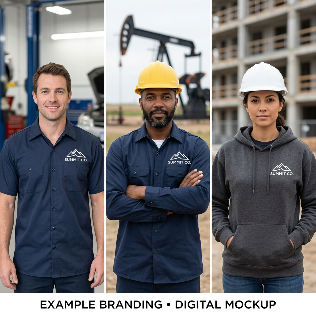 Digital branding concept for mechanic, oil-field, and construction work apparel with fictional Summit Co. logos.