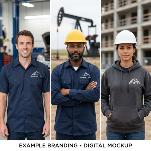 Digital branding concept for mechanic, oil-field, and construction work apparel with fictional Summit Co. logos.