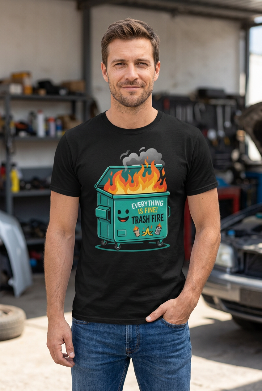 Relaxed male model wearing a black Everything Is Fine Trash Fire graphic tee
