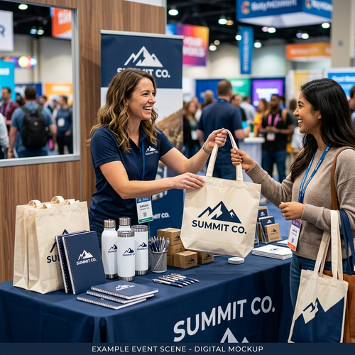 Illustrative convention swag table scene with fictional Summit Co. branding; digital mockup.