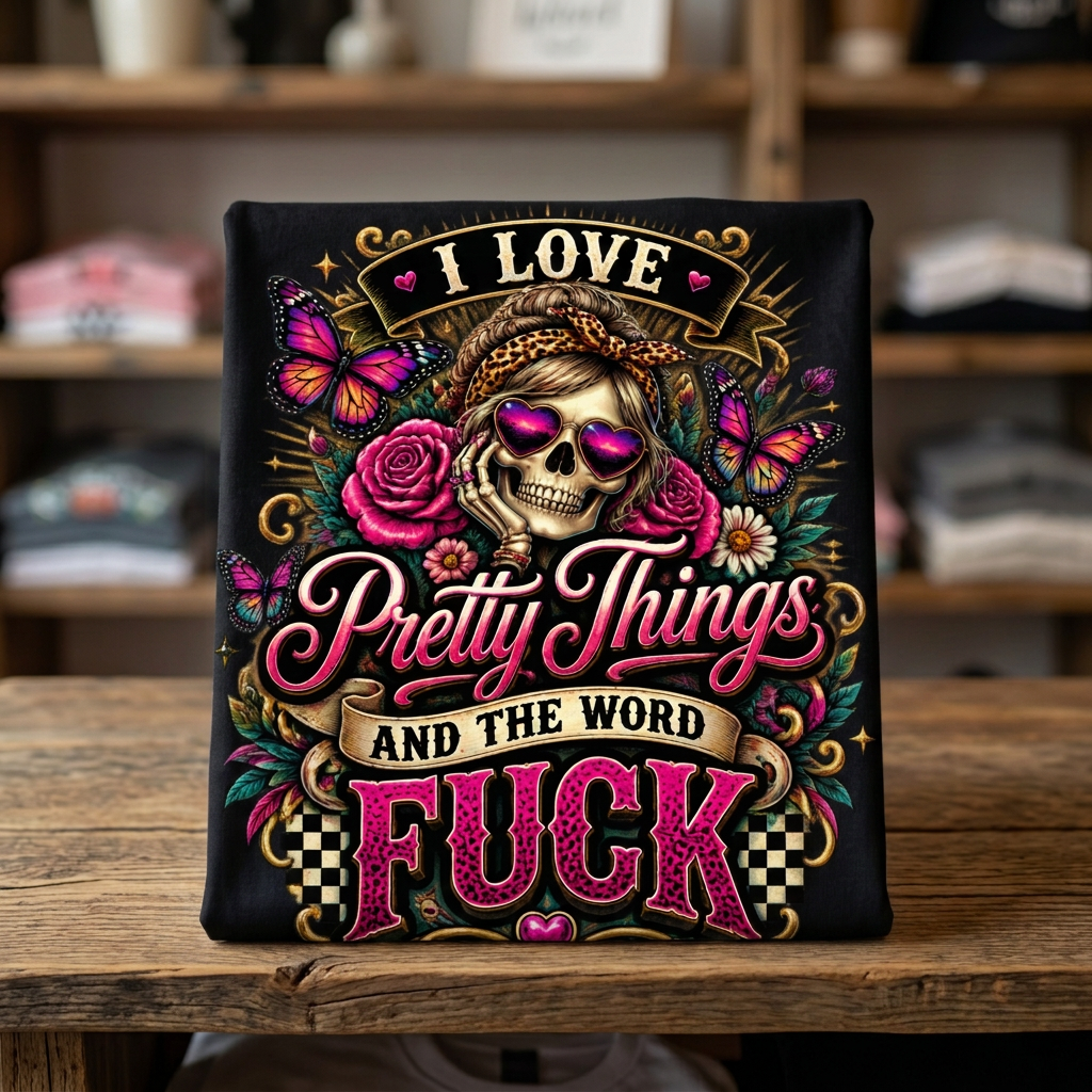 Folded black I Love Pretty Things and the Word Fuck graphic tee on a boutique shelf