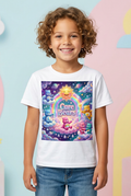Youth model wearing a white Care Bears rainbow graphic tee