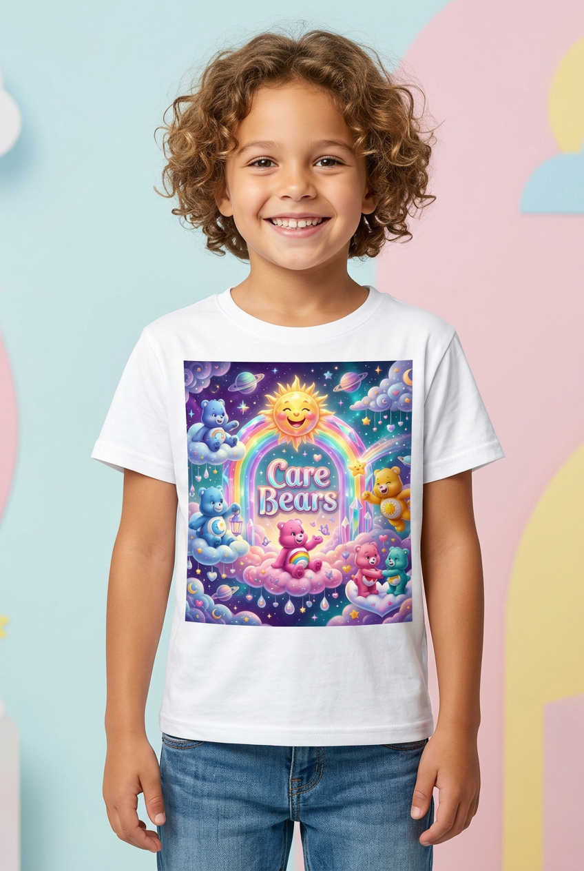 Youth model wearing a white Care Bears rainbow graphic tee