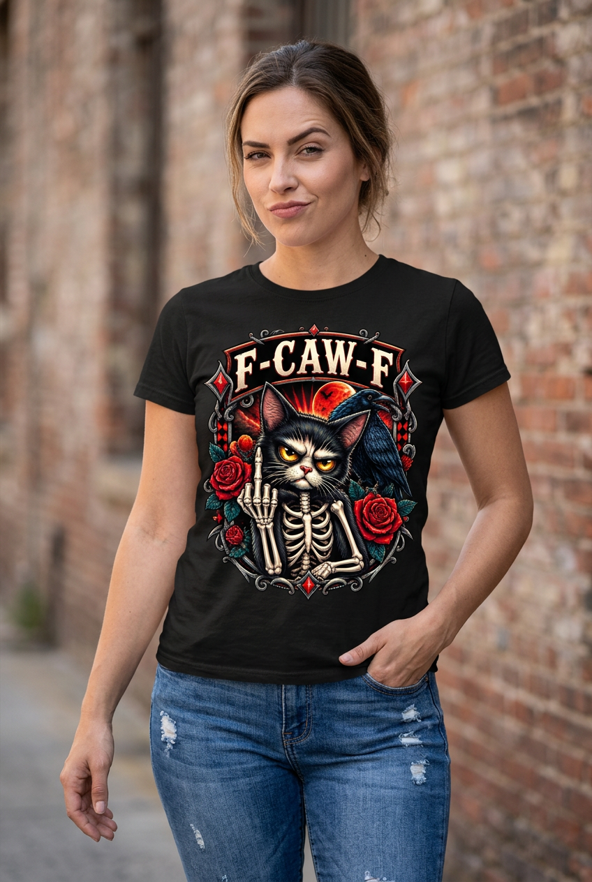 Sassy model wearing a black F-CAW-F skeleton cat graphic tee