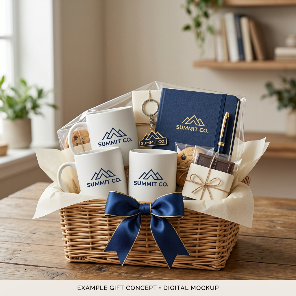 Illustrative corporate gift basket concept with fictional branded mugs and coordinated small gifts; digital mockup.