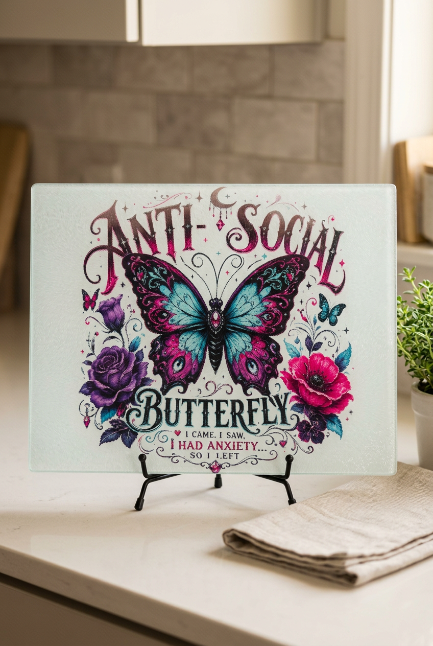 Anti-Social Butterfly glass cutting board displayed on a kitchen countertop