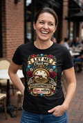 Relaxed laughing model wearing a black Giveashitometer graphic tee