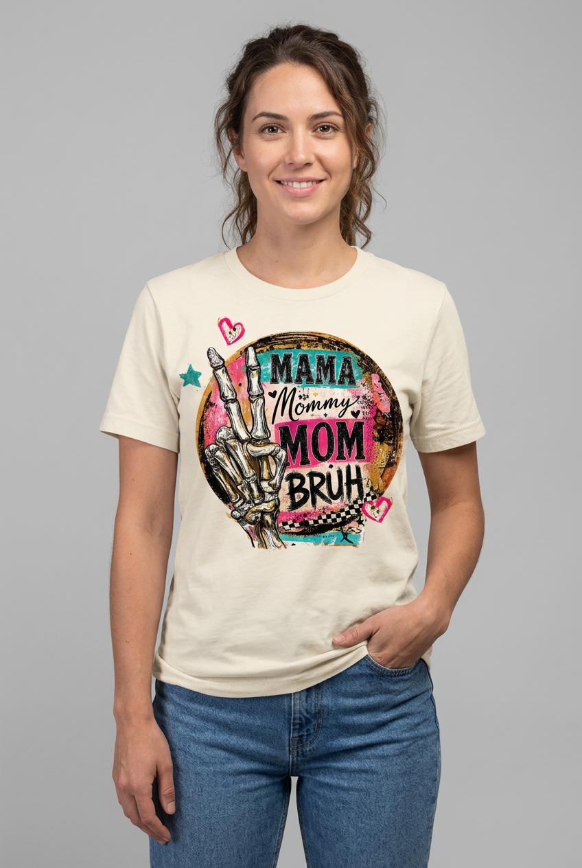 Model wearing the Mama Mommy Mom Bruh graphic tee