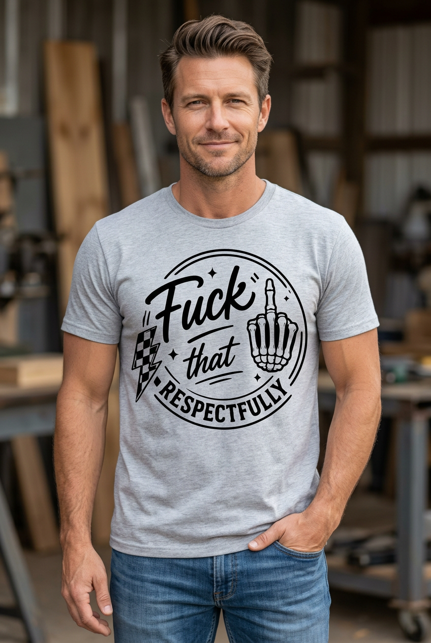 Male model wearing a light-grey Fuck That Respectfully graphic tee