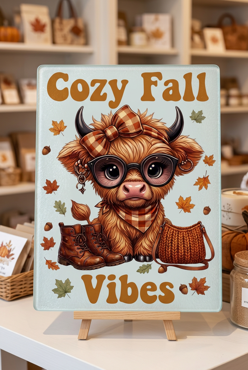 Styled mockup of a Cozy Fall Vibes Highland cow glass cutting board in a gift shop
