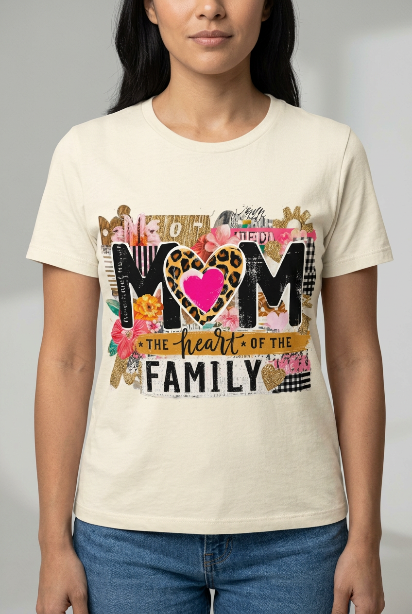 Model wearing the Mom the Heart of the Family graphic tee
