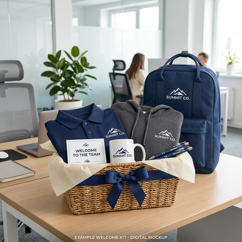 Digital concept of a new employee welcome basket on an office desk with fictional branded apparel, mug, backpack, and pens.