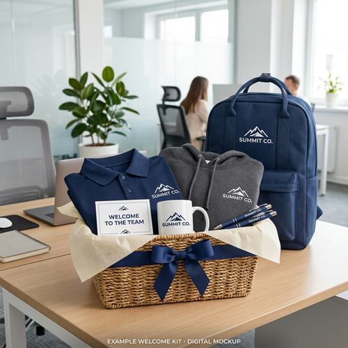 Digital concept of a new employee welcome basket on an office desk with fictional branded apparel, mug, backpack, and pens.