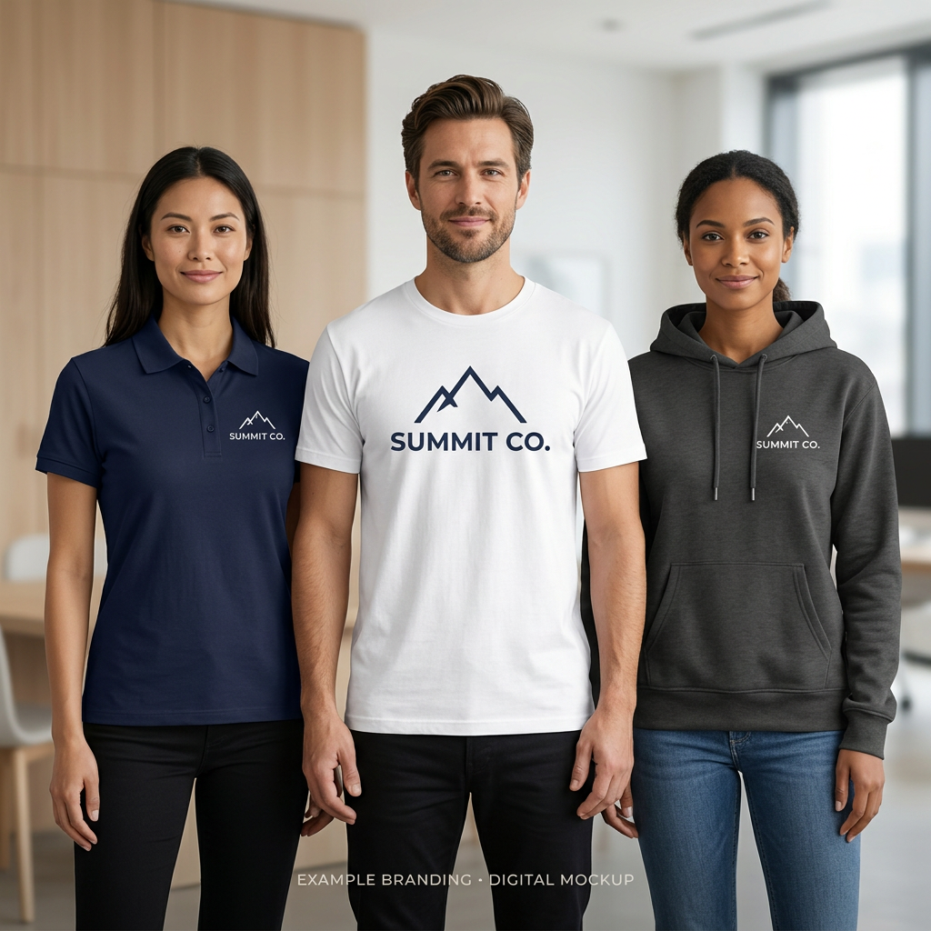Digital concept mockup of models wearing a polo, T-shirt, and hoodie with fictional Summit Co. branding.