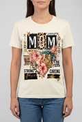 Model wearing the Fierce Mom floral leopard graphic tee