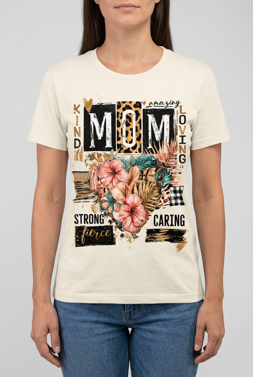 Model wearing the Fierce Mom floral leopard graphic tee