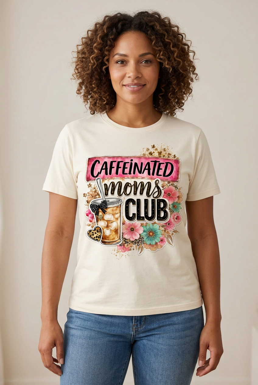 Model wearing the Caffeinated Moms Club graphic tee