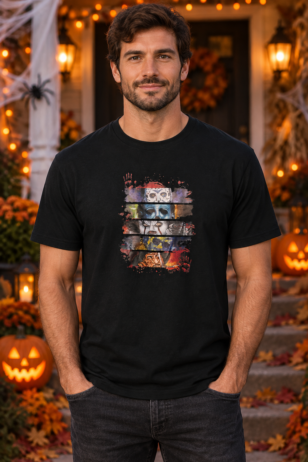 Spooky Horror Faces Black Halloween Graphic Tee